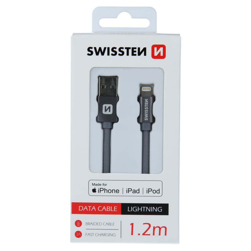 Textilný dátový kábel Swissten USB / LIGHTNING MFi 1,2 M  - šedý